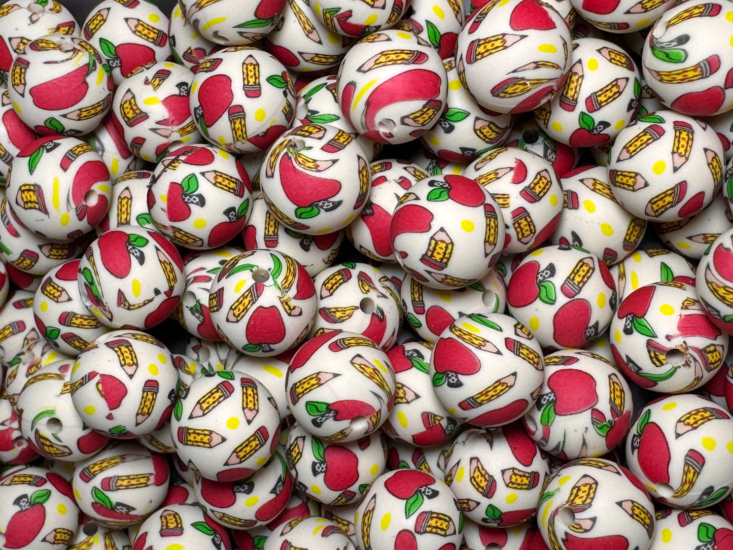 Apple and Pencil White Background Printed Silicone Bead