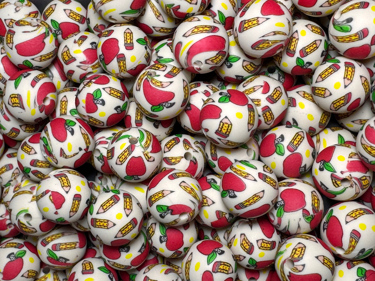 Apple and Pencil White Background Printed Silicone Bead