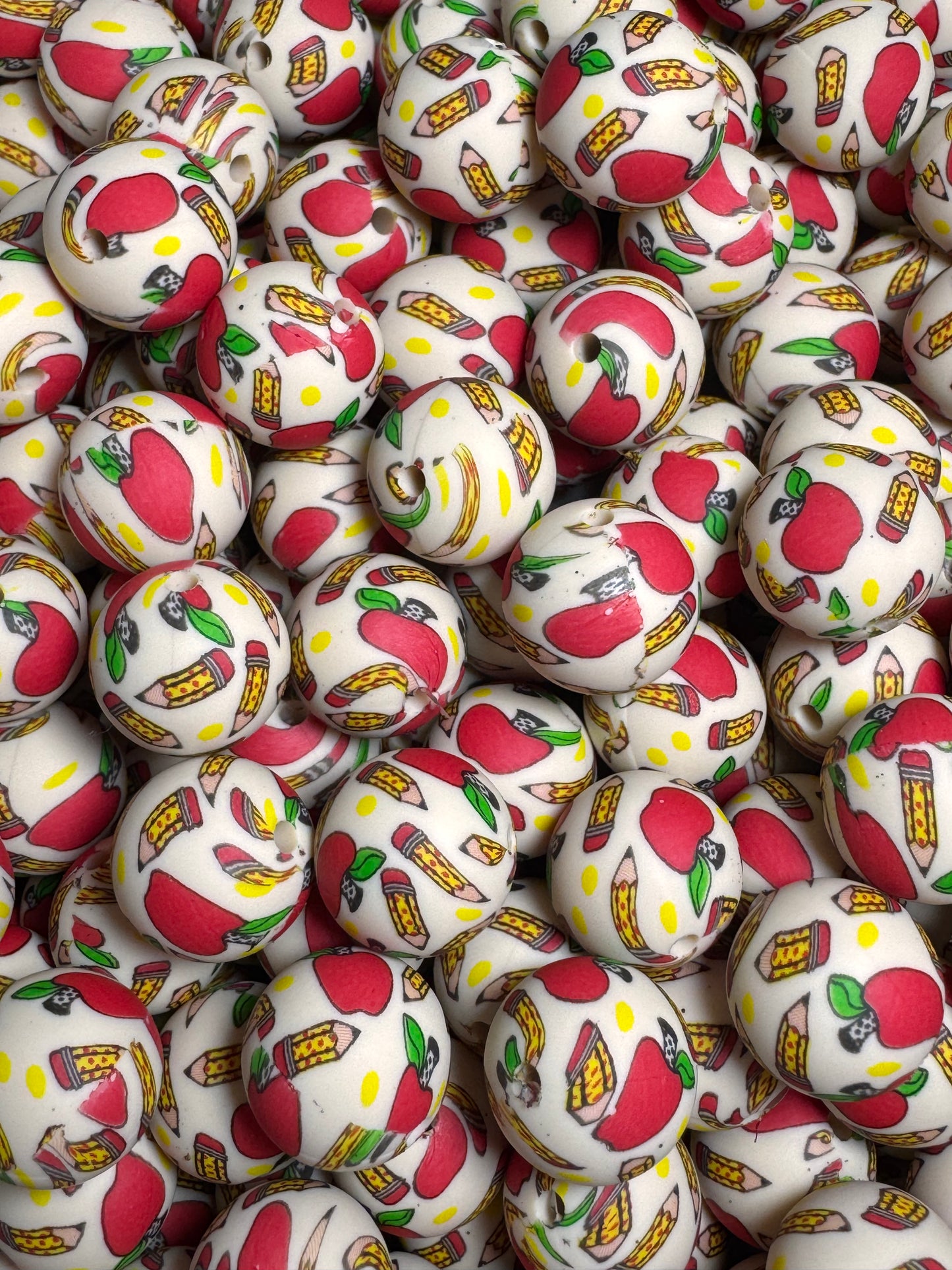 Apple and Pencil Tan Background Printed Silicone Bead