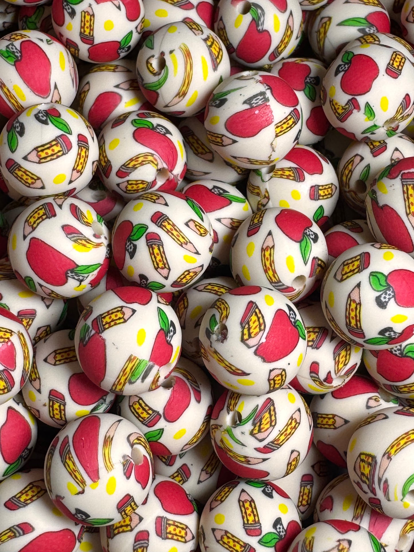Apple and Pencil Tan Background Printed Silicone Bead