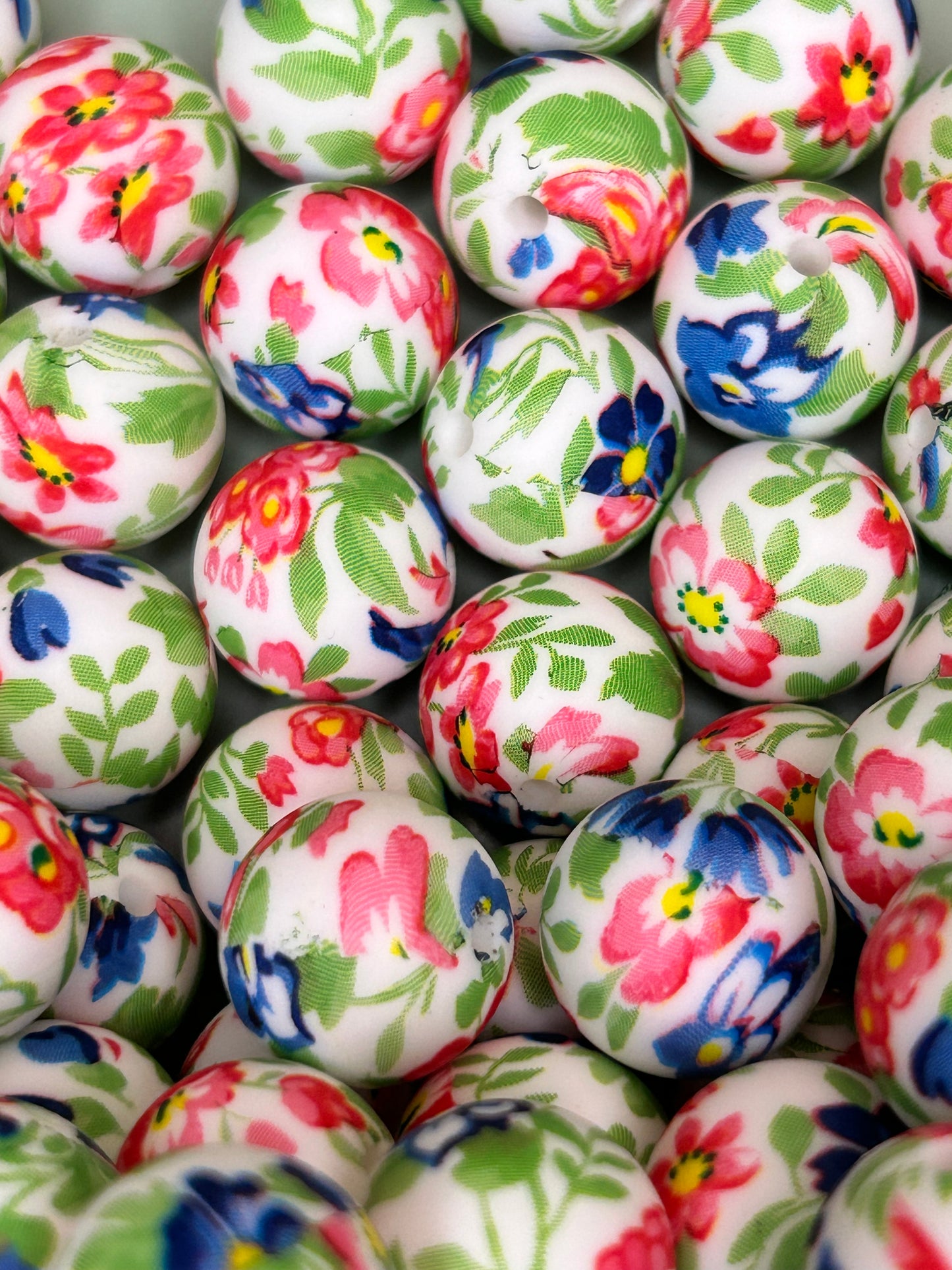 Red and Blue Hibiscus Flowers 15mm Printed Silicone Bead