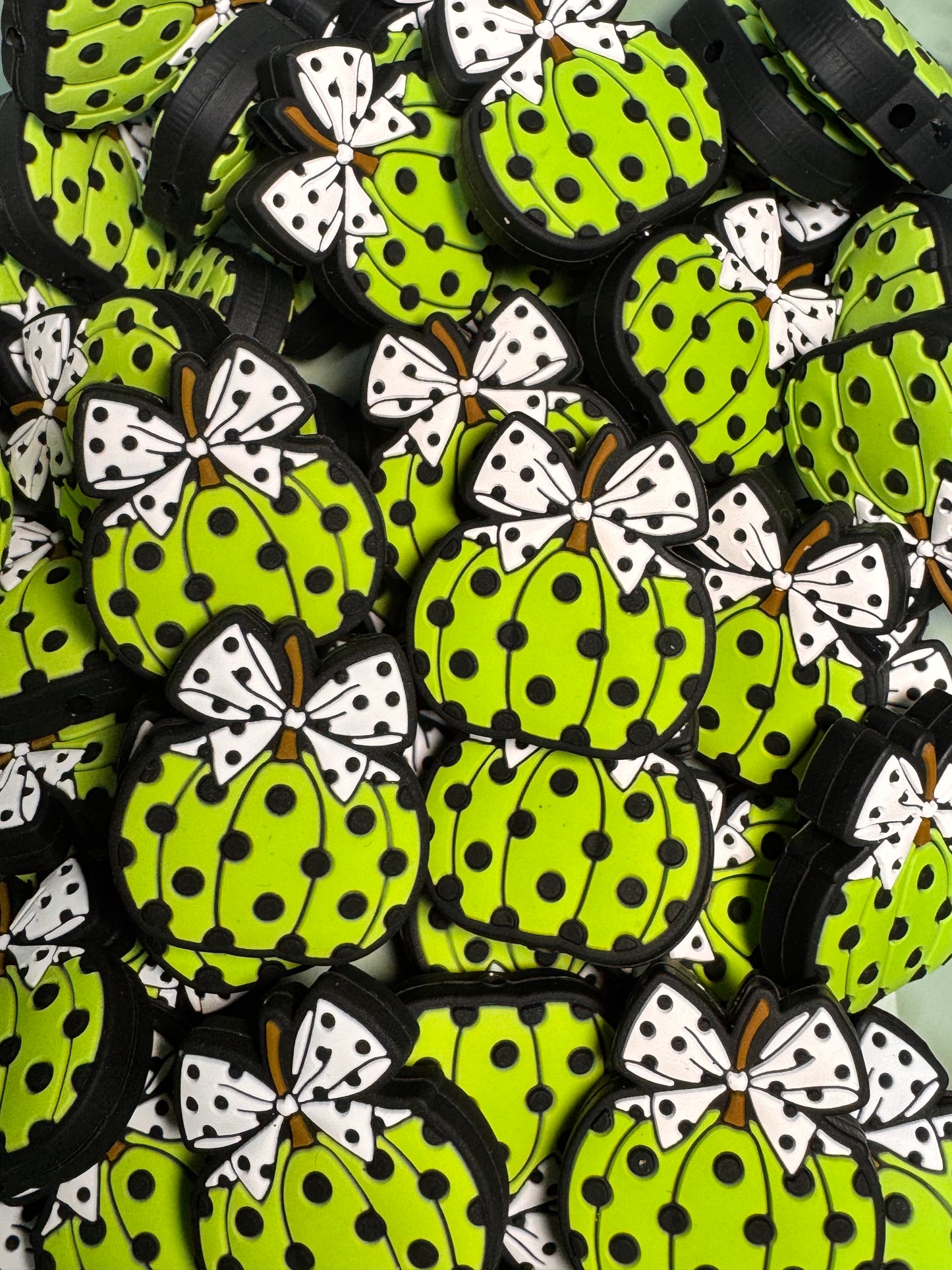 Green Polka Dot Pumpkin with a Bow Silicone Focal