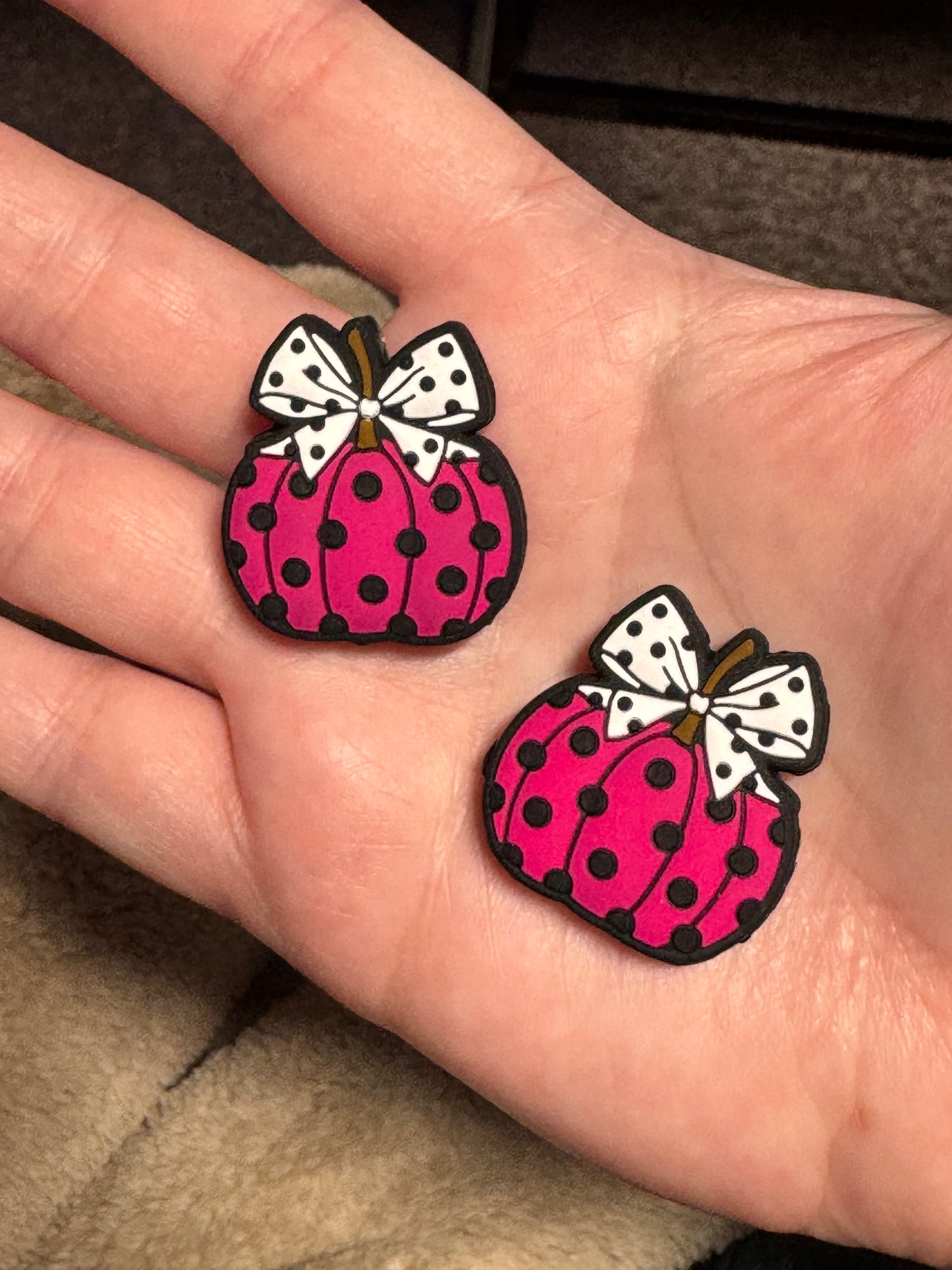 Magenta Polka Dot Pumpkin with a Green Bow Silicone Focal