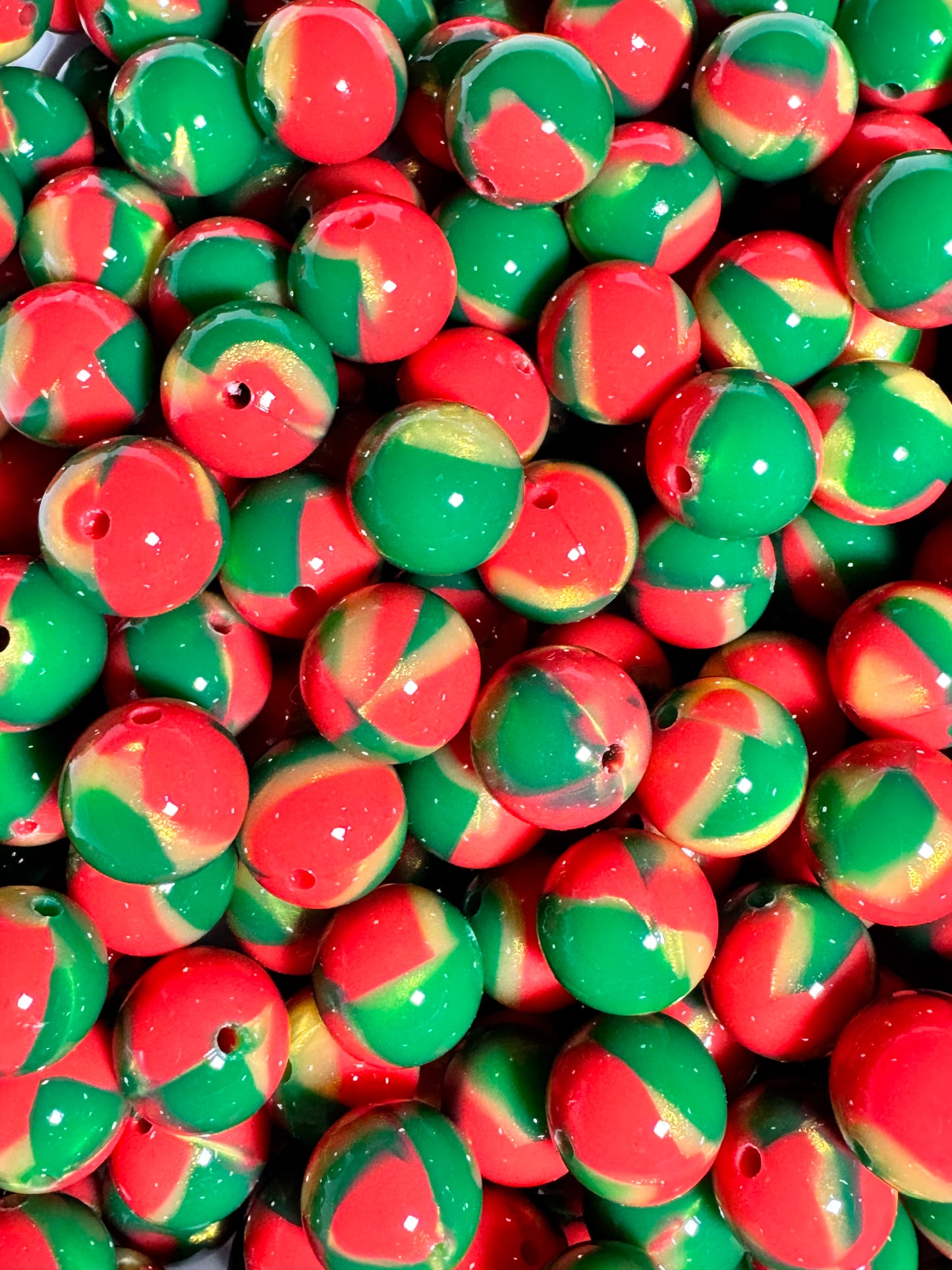 Green, Red, and Gold Swirl Liquid 15mm Silicone Bead