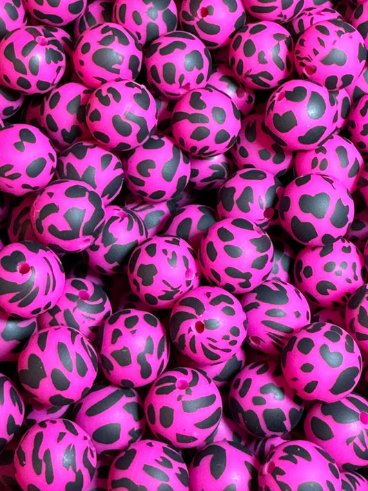 Hot Pink Cow 15mm Printed Silicone Silicone Bead