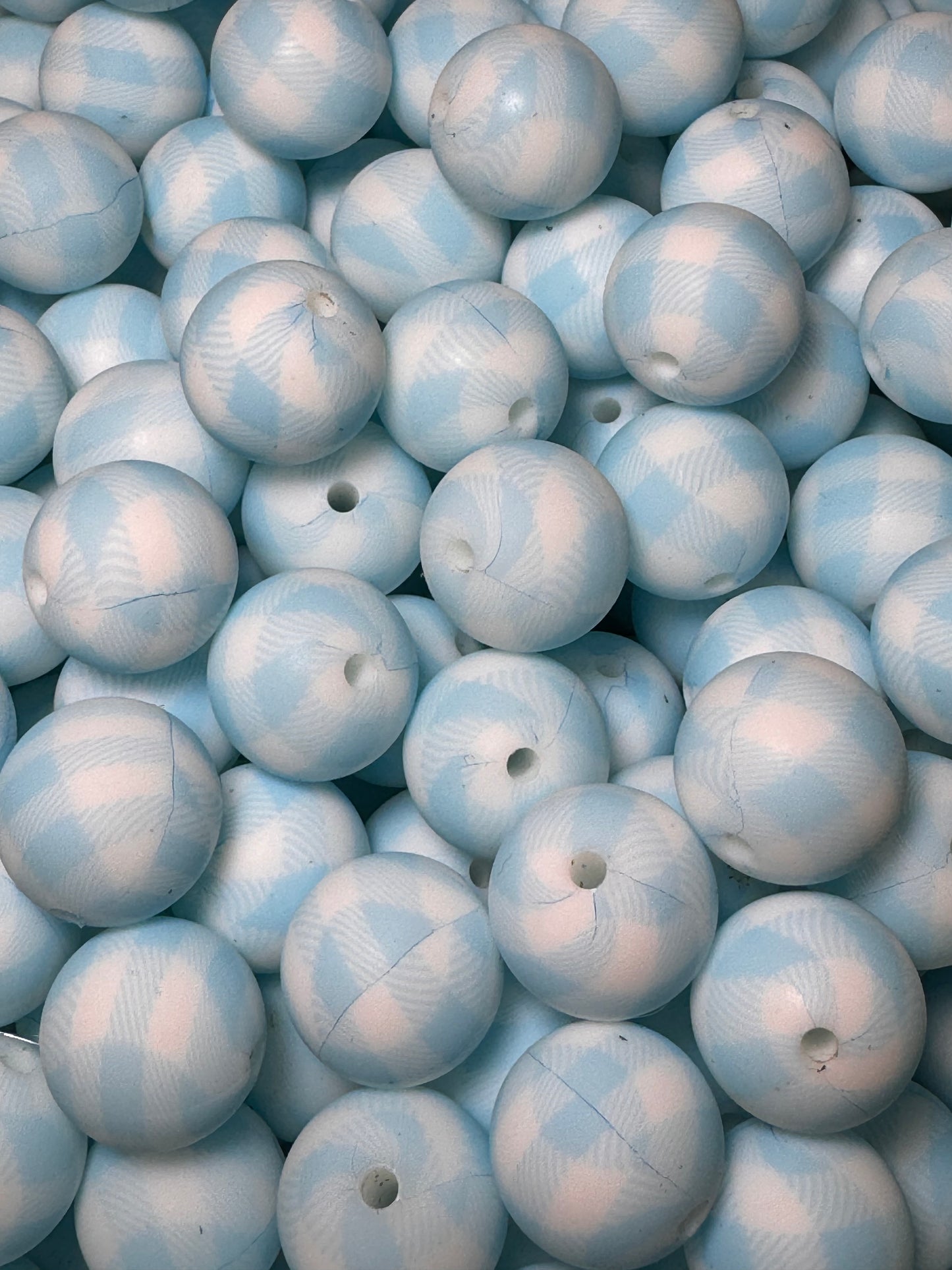 Blue and White Plaid Printed 15mm Printed Silicone Bead