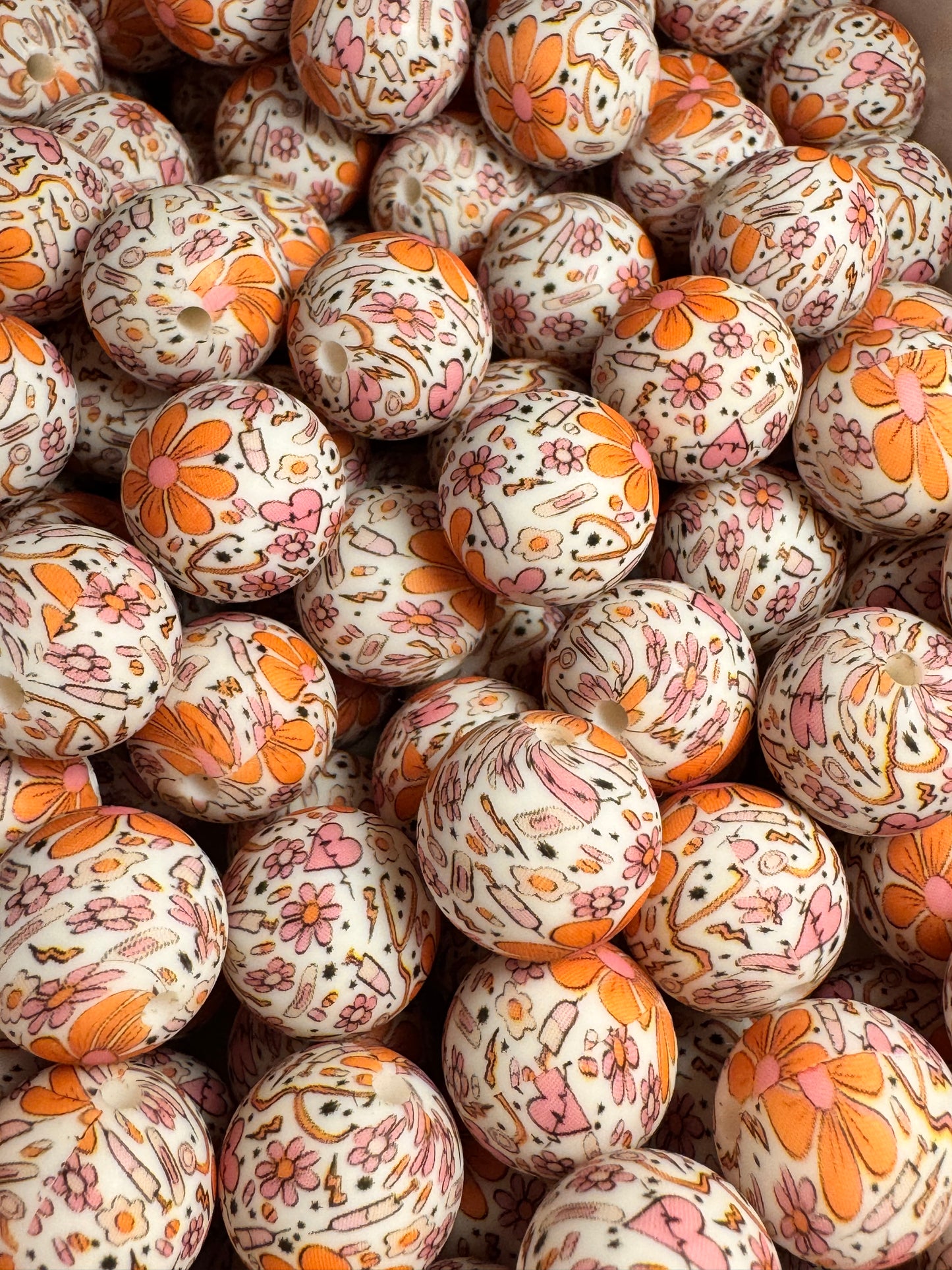 Medical Floral 15mm Printed Silicone Bead