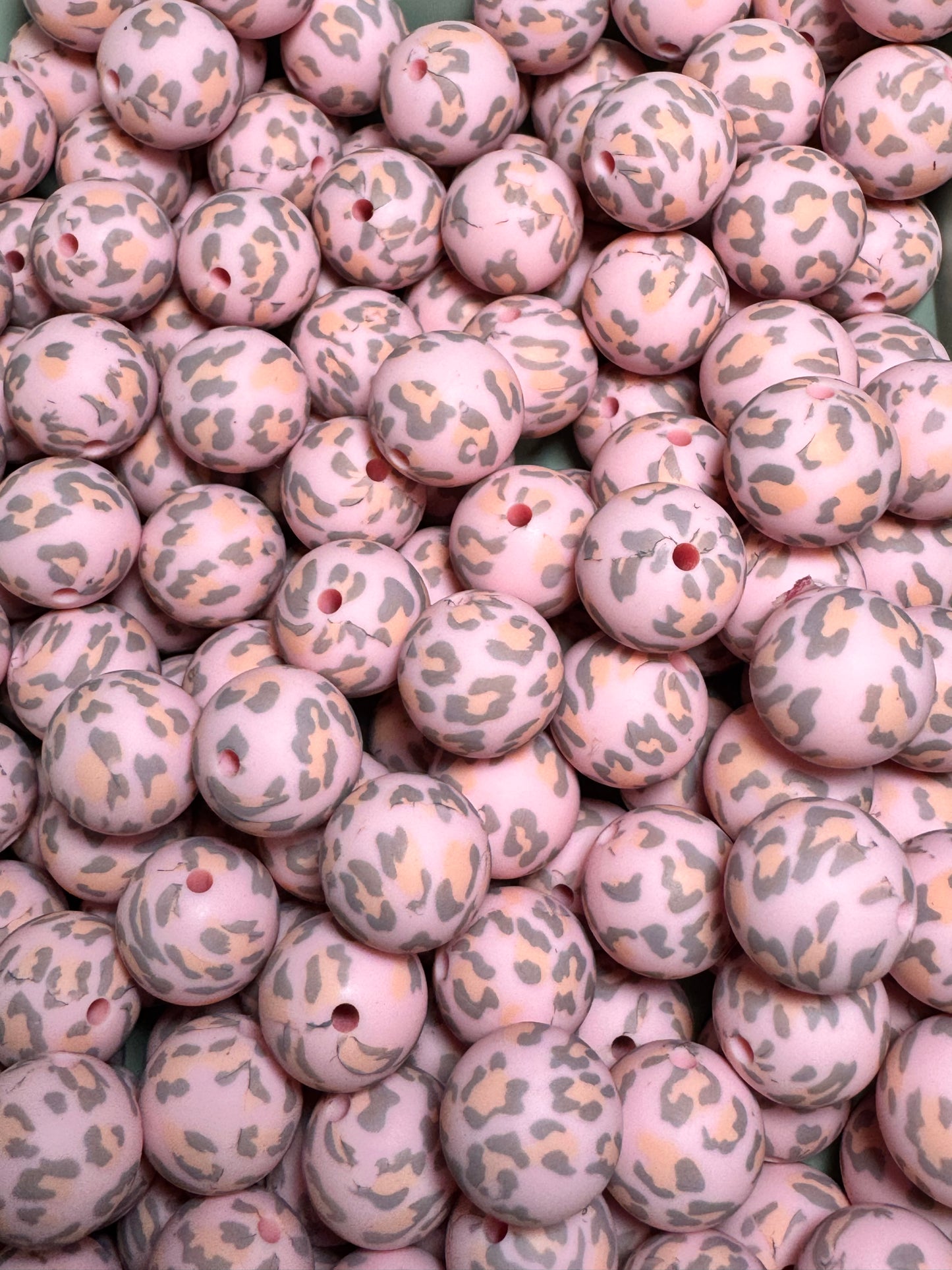 Pink and Gray Leopard Print 15mm Printed Silicone Bead
