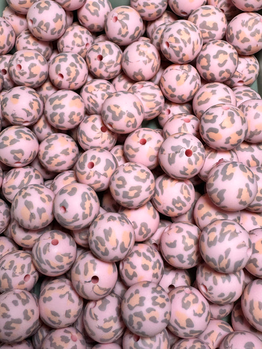 Pink and Gray Leopard Print 15mm Printed Silicone Bead
