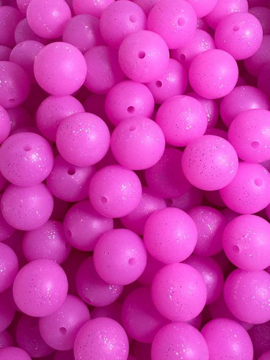 Solid Pink 15mm Silicone Glitter Bead