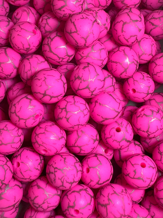 Hot Pink Marble 15mm Printed Silicone Bead