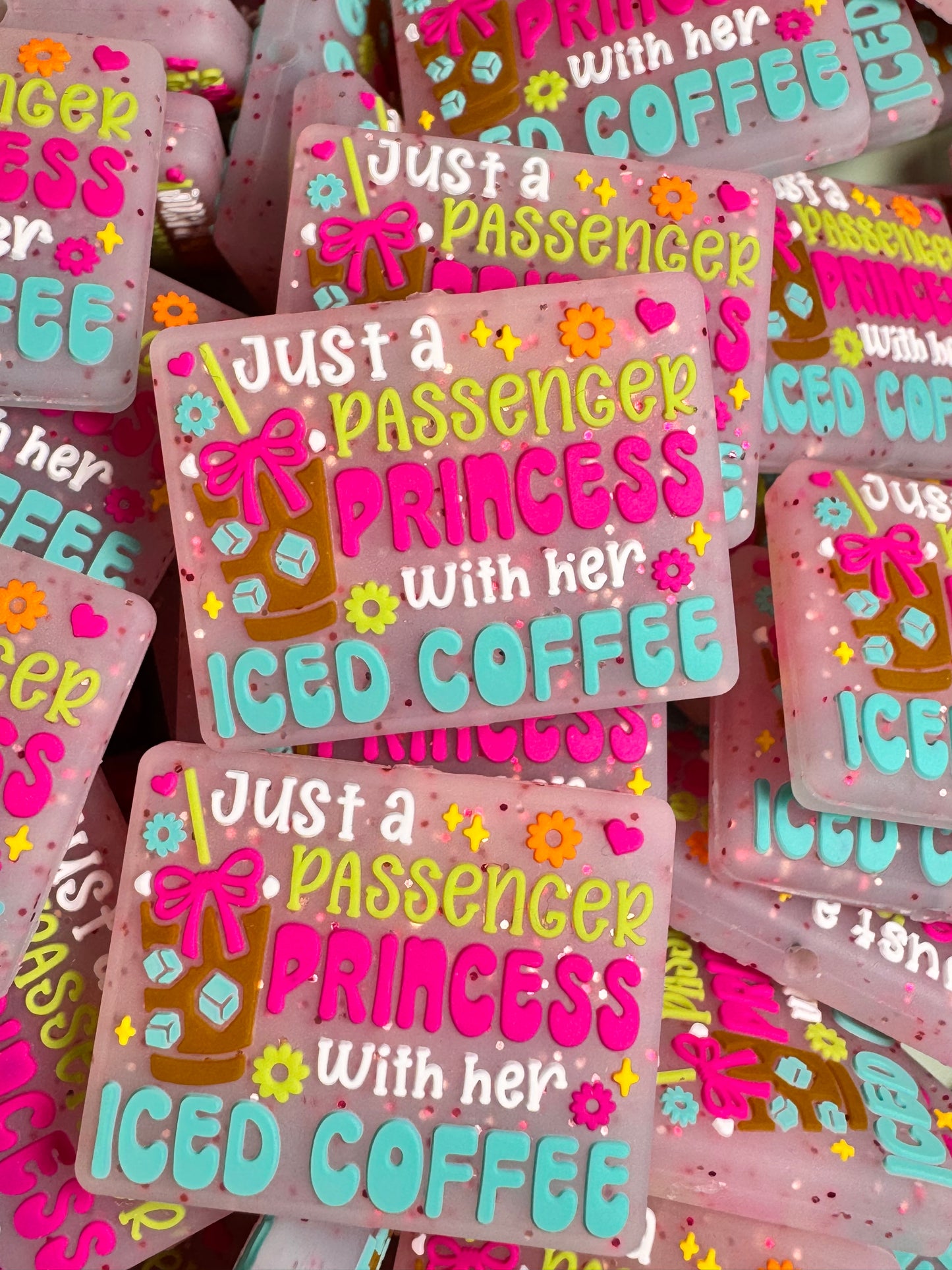 Passenger Princess with Her Iced Coffee Pink Glitter Background Silicone Focal
