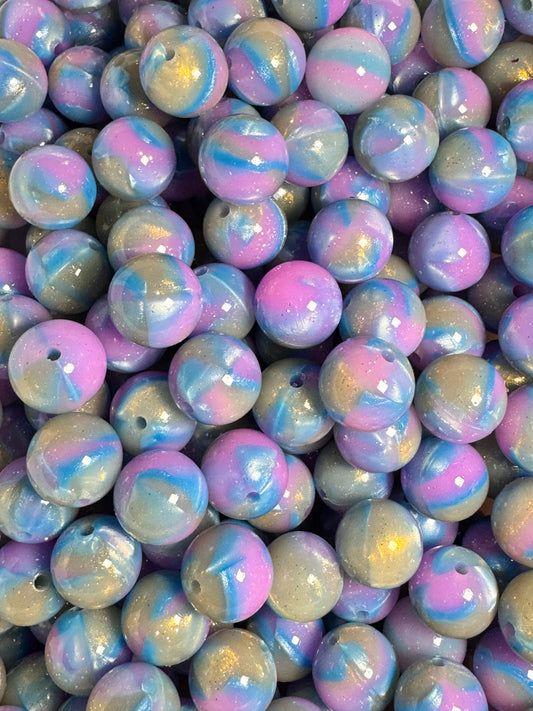 Blue and Purple Swirl 15mm Jelly Silicone Glitter Bead