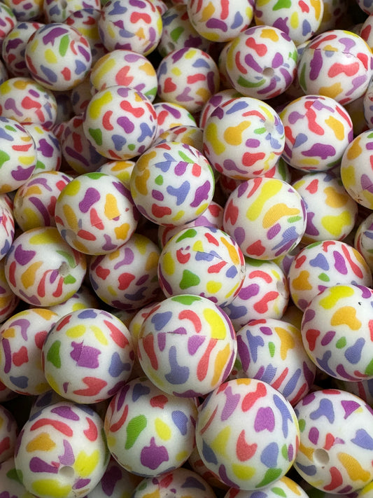 Colorful Cow Print 15mm Printed Silicone Bead