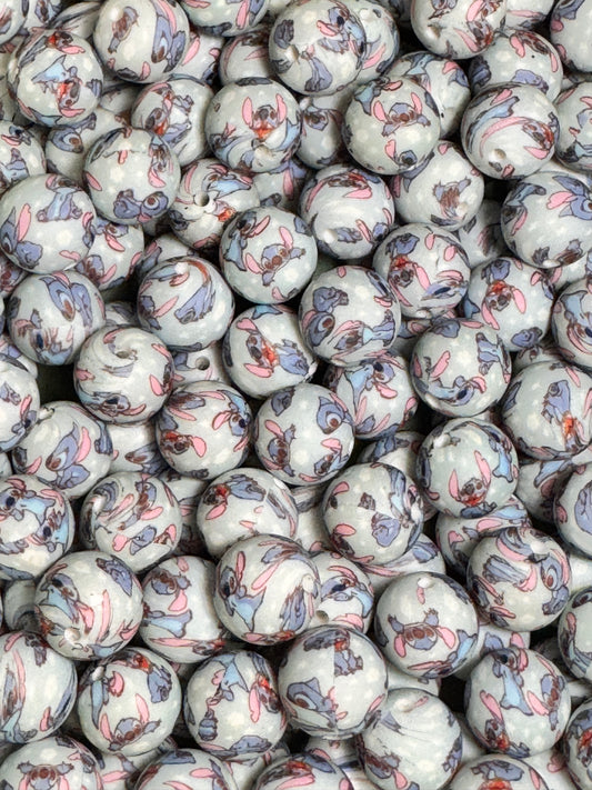 Floral Blue Alien 15mm Printed Silicone Bead