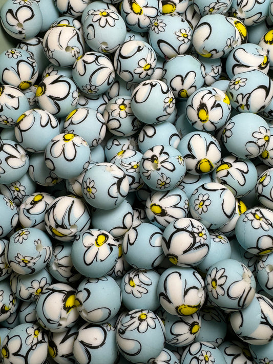 Baby Blue Floral 15mm Printed Silicone Bead