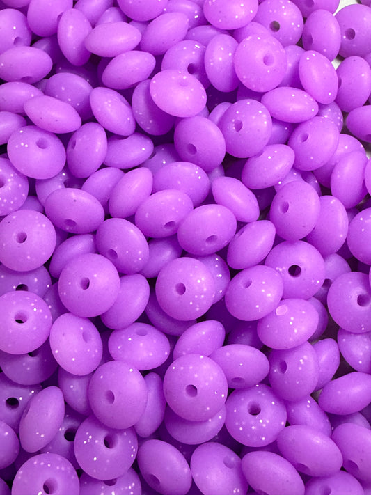 Neon Purple Glitter 12mm Lentil Silicone Bead