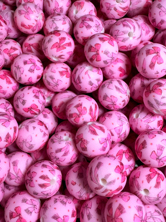 Pink Bows 15mm Printed Silicone Bead
