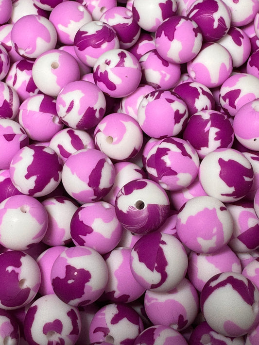 Purple Camo Printed 15mm Printed Silicone Bead