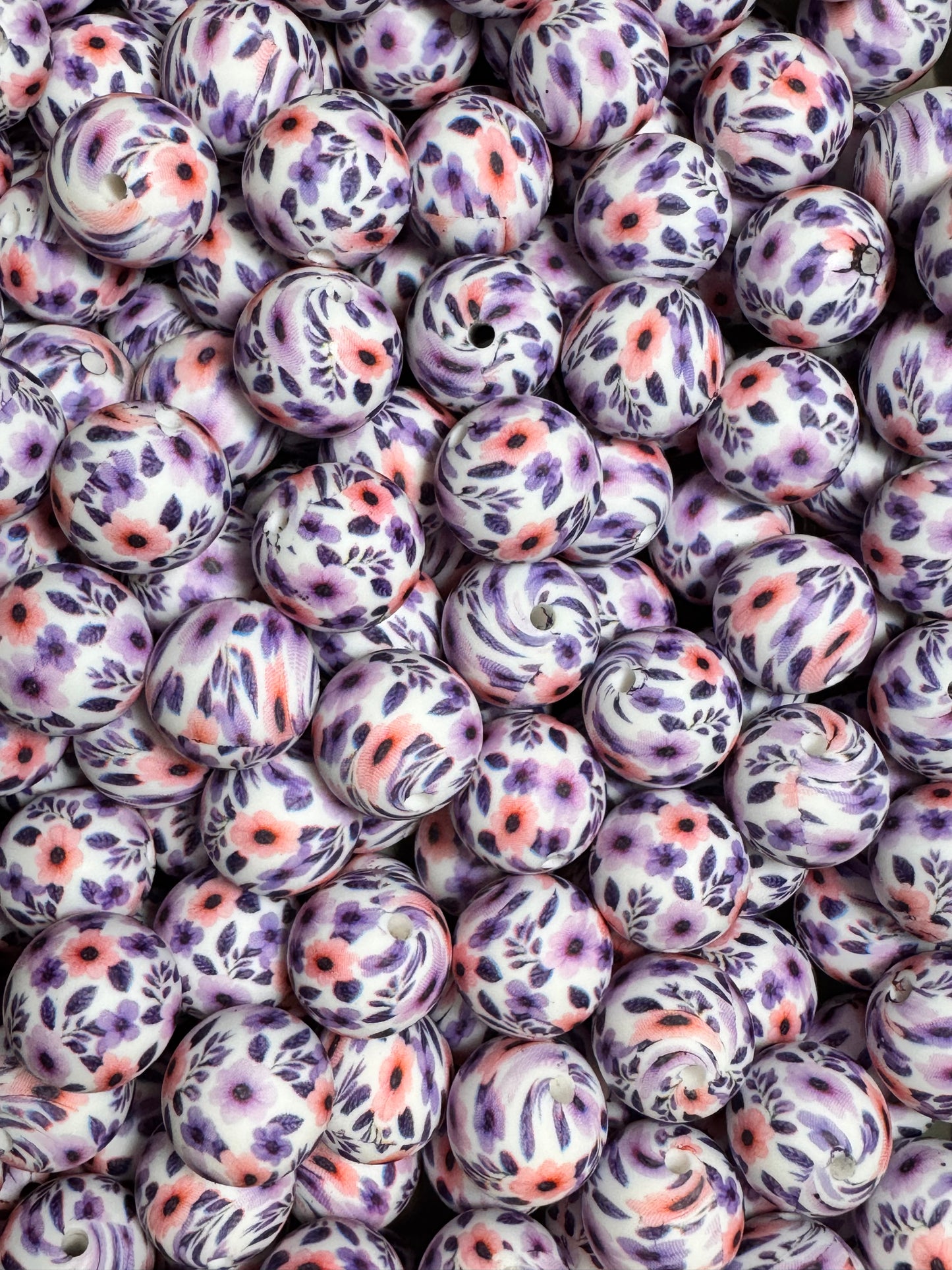 Purple Floral 15mm Printed Silicone Bead