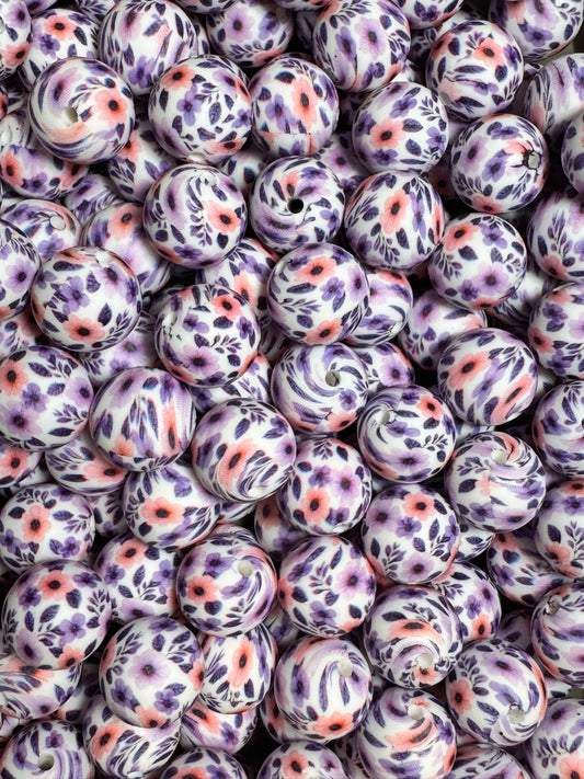 Purple Floral 15mm Printed Silicone Bead
