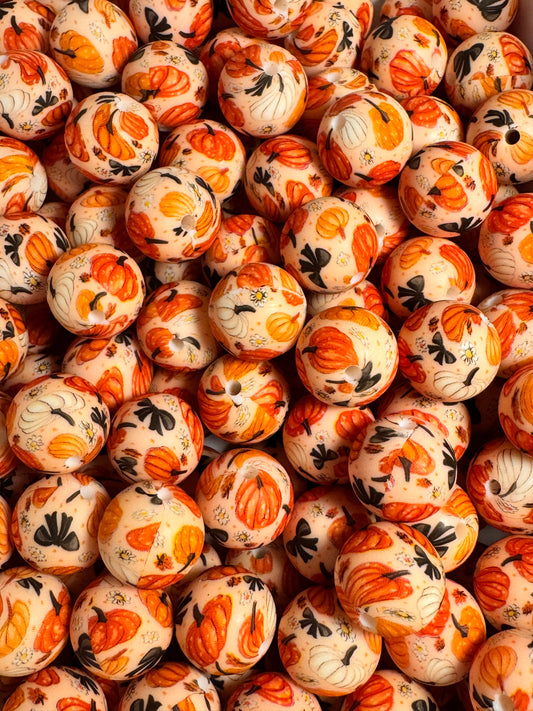 Pumpkins and Bows 15mm Printed Silicone Bead