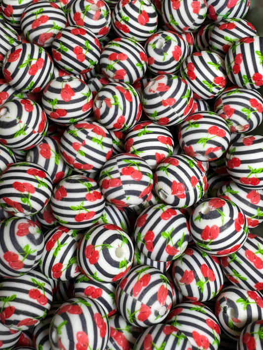 Cherries and Stripes 15mm Printed Silicone Bead