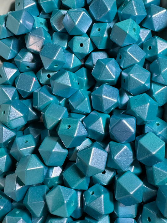 Turquoise 14mm Hexagon Metallic Solid Color Silicone Bead