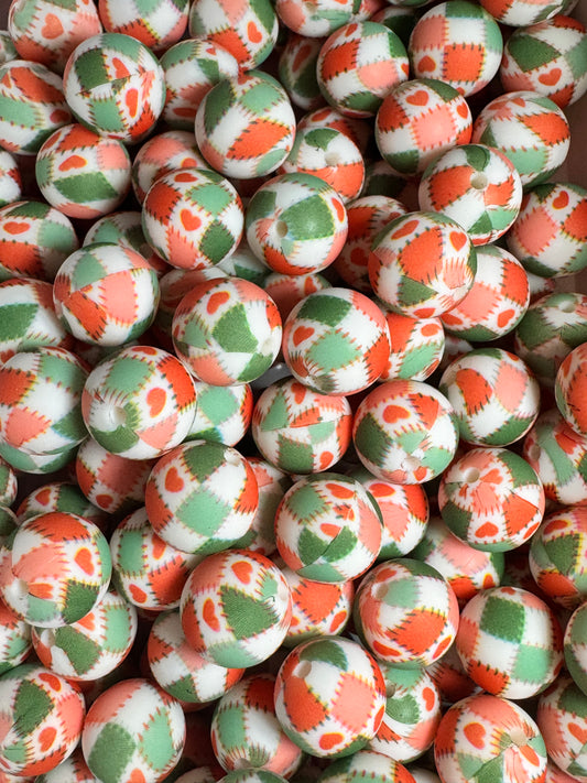 Red and Green Plaid 15mm Printed Silicone Bead