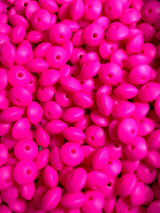 Neon Pink 12mm Solid Color Lentil Silicone Bead