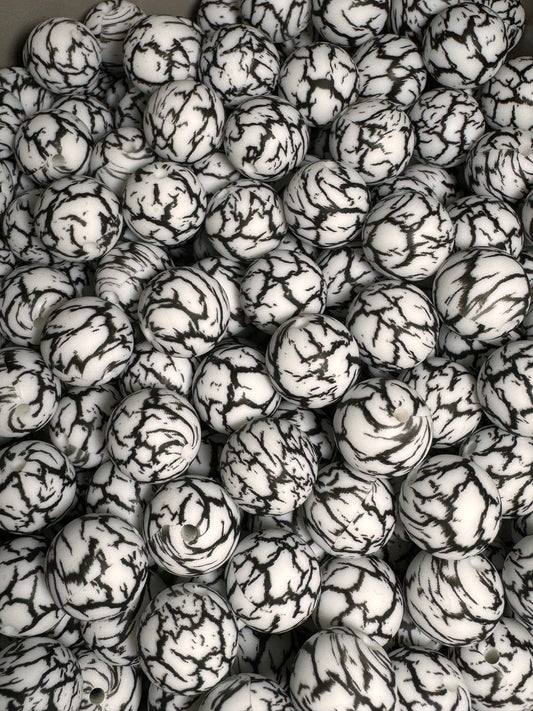 Black and White Marble 15mm Printed Silicone Bead