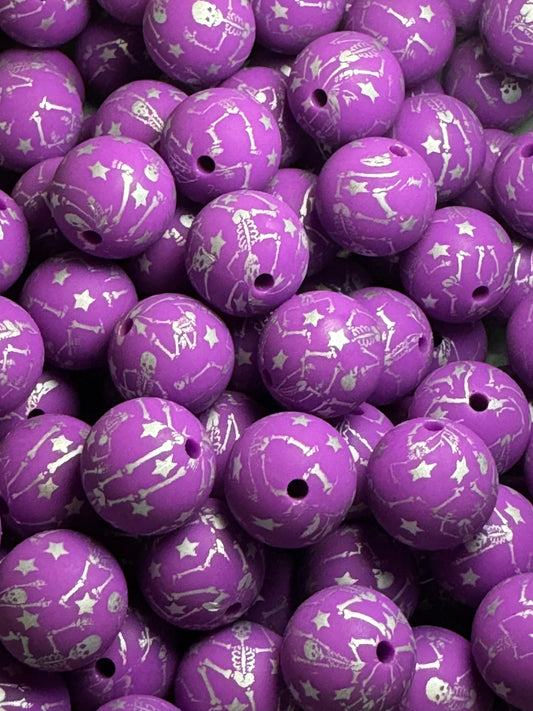 Purple Skeleton 15mm Printed Silicone Bead