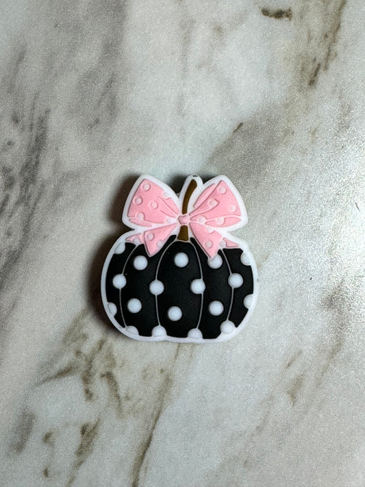 Black Polka Dot Pumpkin with a Bow Silicone Focal