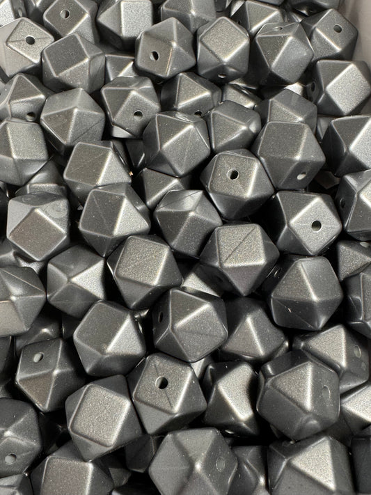 Silver 14mm Hexagon Metallic Solid Color Silicone Bead