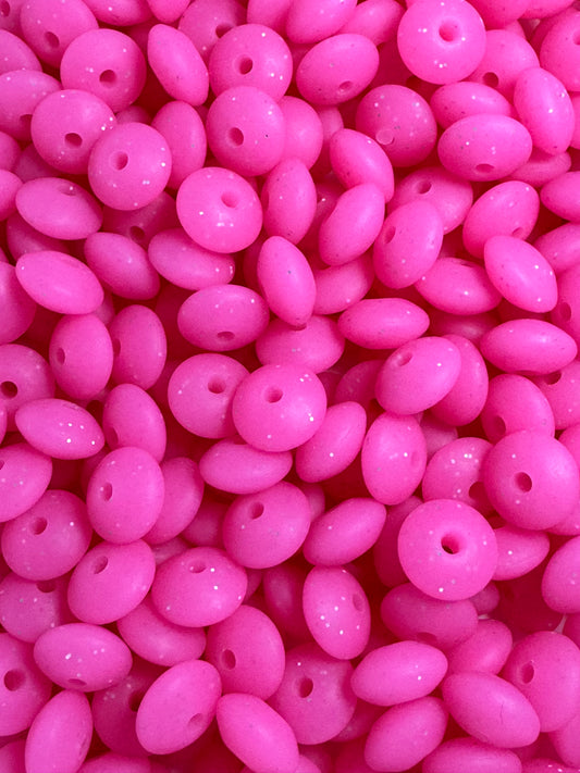 Neon Pink Glitter 12mm Lentil Silicone Bead