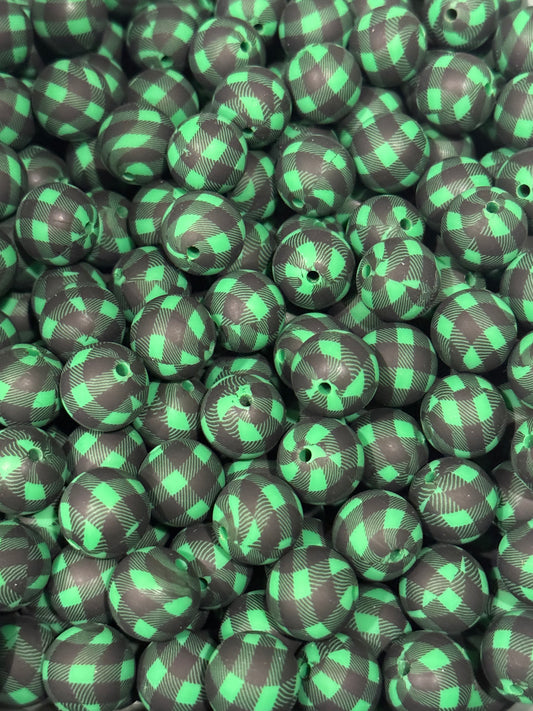 Green and Black Plaid 15mm Printed Silicone Bead