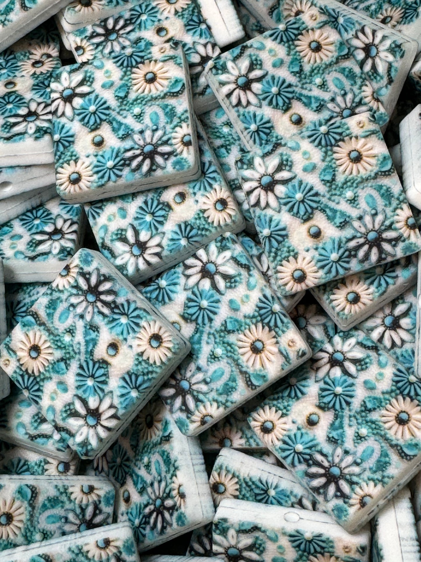 Turquoise Floral Custom Printed Silicone Focal