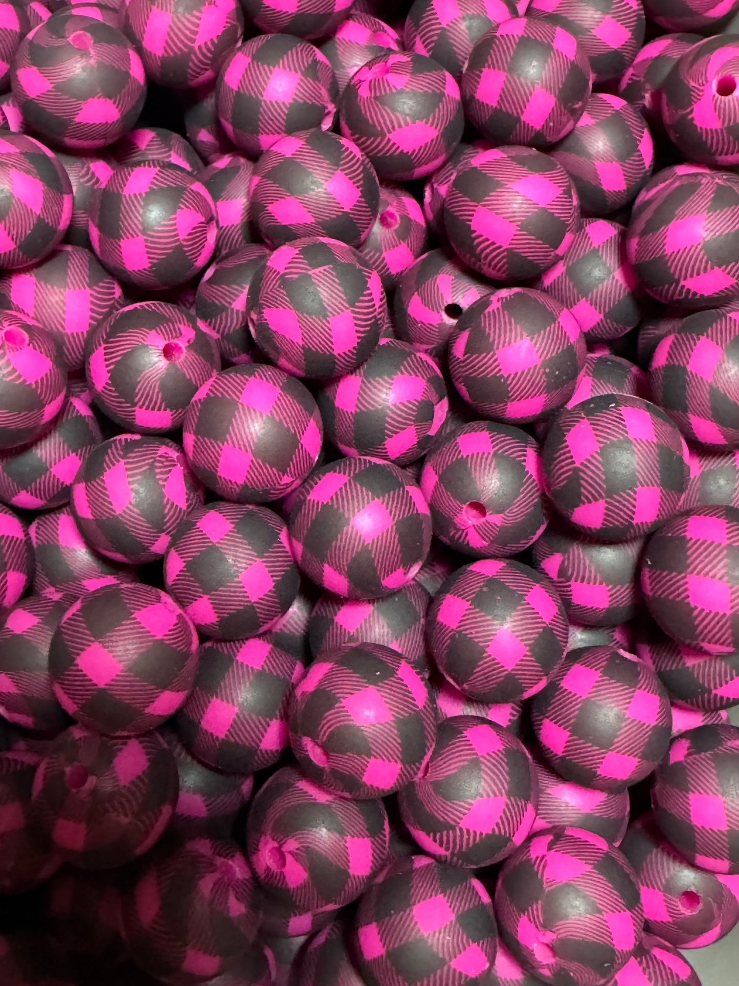 Custom Hot Pink and Black Plaid 15mm Printed Silicone Bead