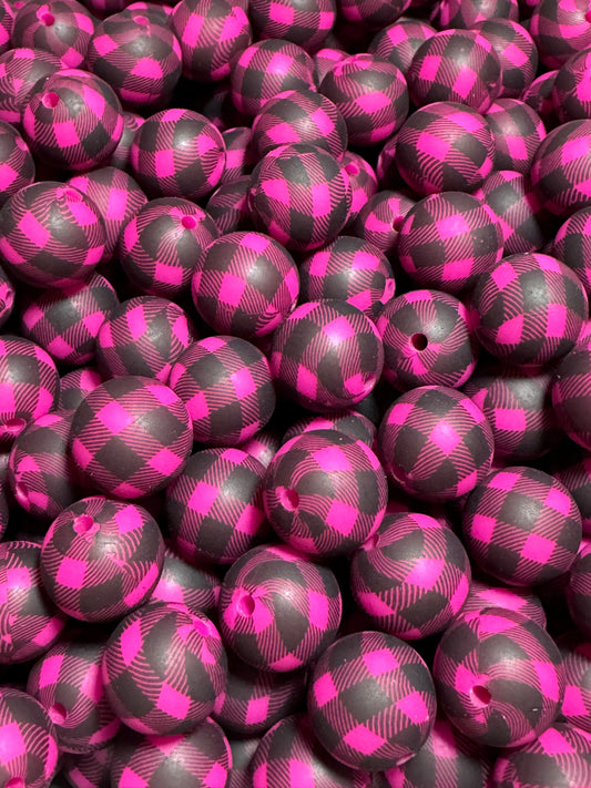 Custom Hot Pink and Black Plaid 15mm Printed Silicone Bead