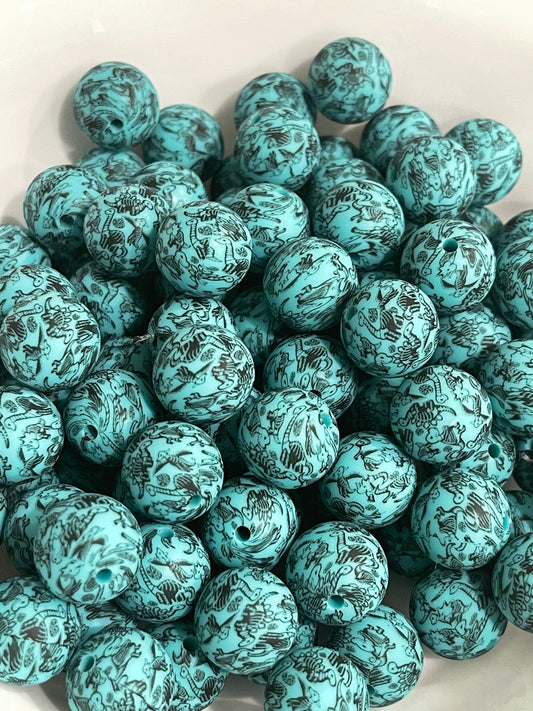 Teal Jurassic 15mm Custom Printed Silicone Bead