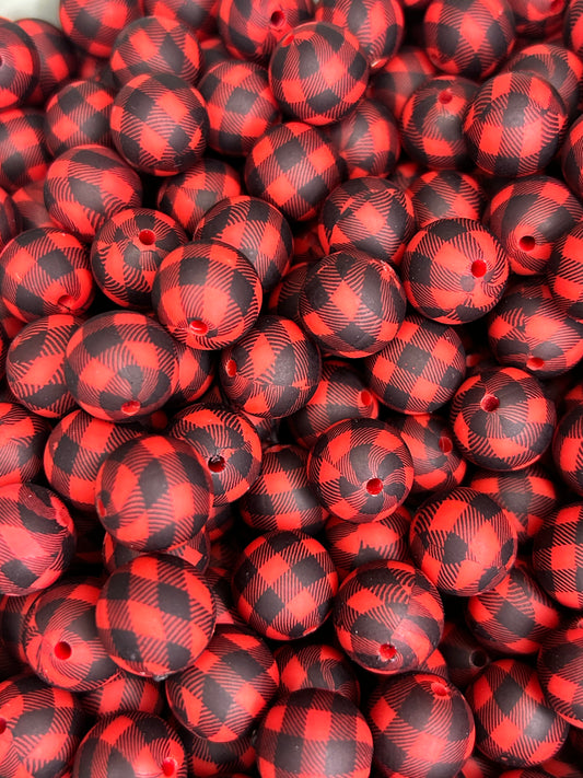 Red and Black Plaid 15mm Printed Silicone Bead