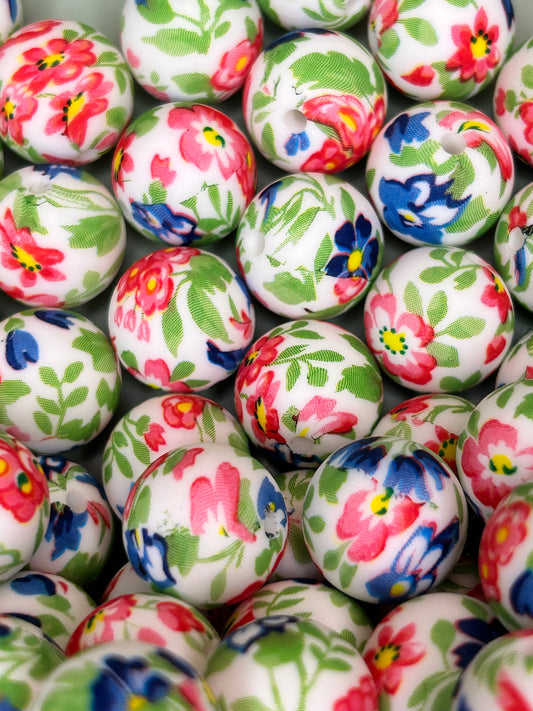 Red and Blue Hibiscus Flowers 15mm Printed Silicone Bead