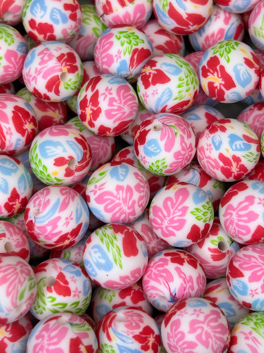 Hawaiian Flowers 15mm Printed Silicone Bead