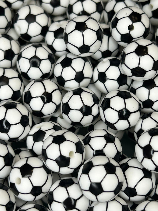 Soccer Ball 15mm Printed Silicone Bead