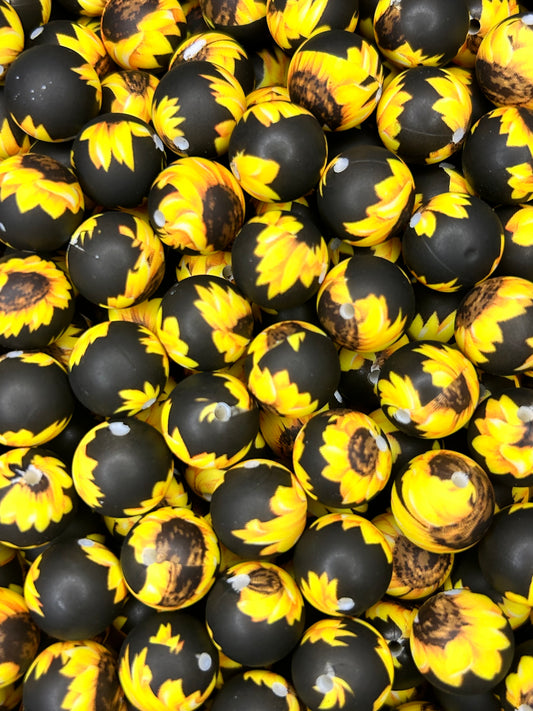 Black Sunflower 15mm Printed Silicone Bead