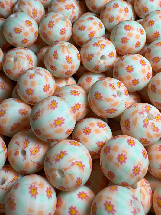 Retro Checkered Floral 15mm Printed Silicone Bead