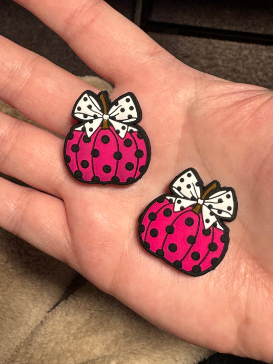 Magenta Polka Dot Pumpkin with a Green Bow Silicone Focal