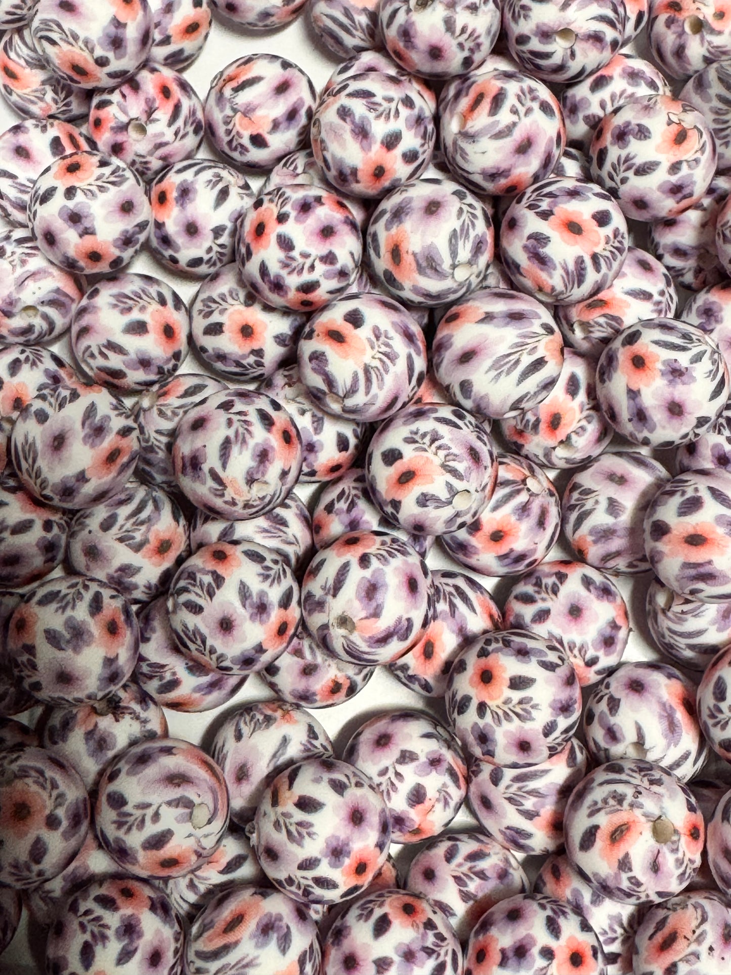 Purple Flower Printed 15mm Printed Silicone Bead