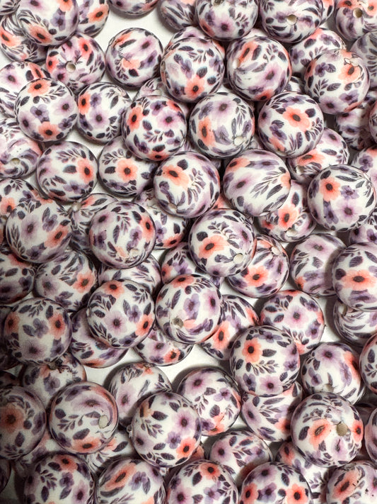 Purple Flower Printed 15mm Printed Silicone Bead