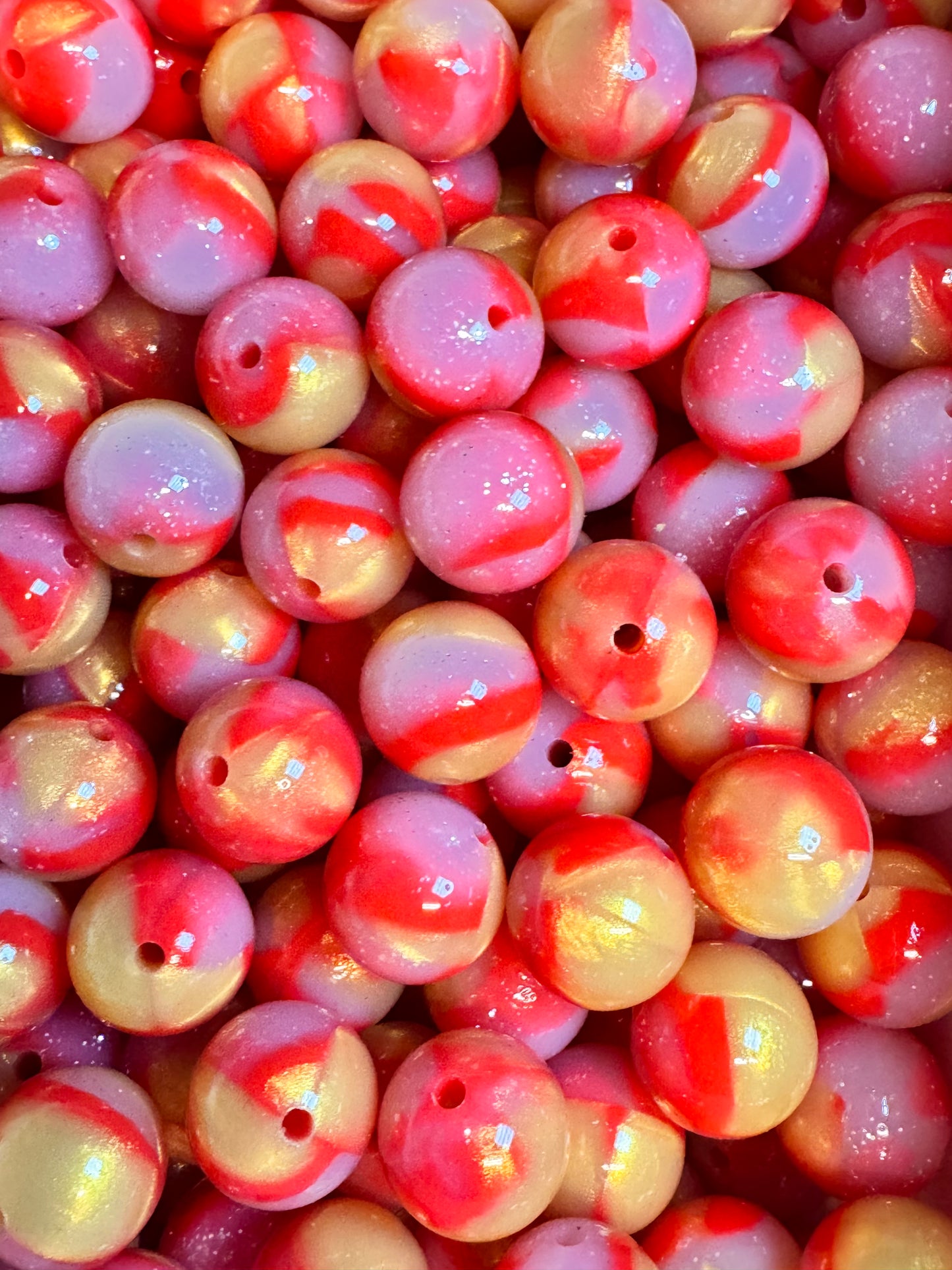 Red and Gold Swirl 15mm Jelly Silicone Glitter Bead